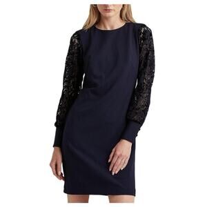 Ralph Lauren Long Sleeve Sheath Lace and Crepe Cocktail Dress Navy Blue Size 4